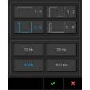 Interfejs użytkownika SonoOne – wybór parametrów częstotliwości i impulsów.