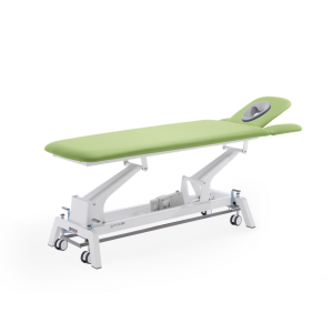 Stół do masażu i rehabilitacji Gymna.GO D4 w kolorze zielonym, z regulowanym zagłówkiem i hydraulicznym podnośnikiem.