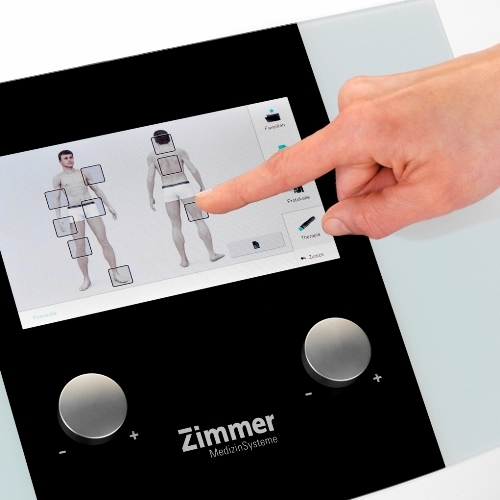 Interfejs aparatu enPuls – wybór programu terapii radialną falą uderzeniową.