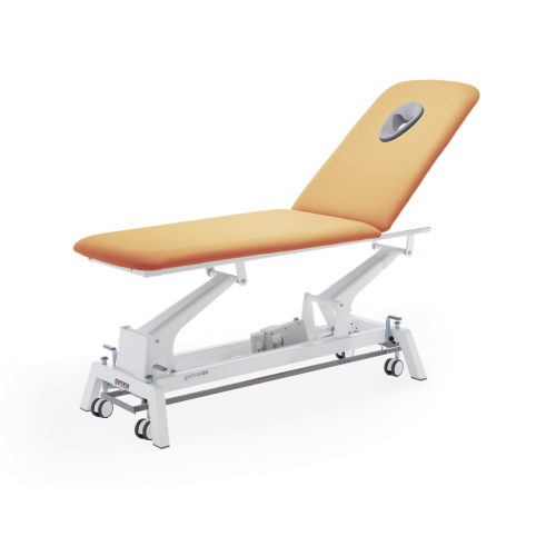 Stół do masażu i rehabilitacji Gymna.GO D1 w kolorze morelowym z regulowanym zagłówkiem.