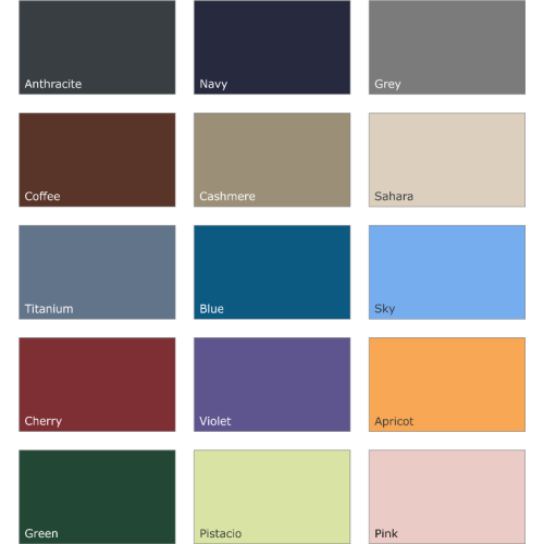 Paleta kolorów tapicerki Gymna.GO – odcienie od grafitowego po błękit i pistacjowy.