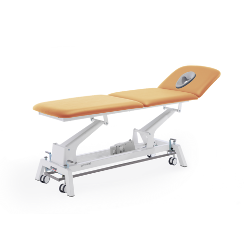 Stół do masażu i rehabilitacji Gymna.GO T3x w kolorze morelowym z regulowanym zagłówkiem.