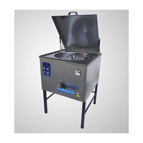 Mieszalnik borowinowy ze stali nierdzewnej z pokrywą i panelem sterującym.