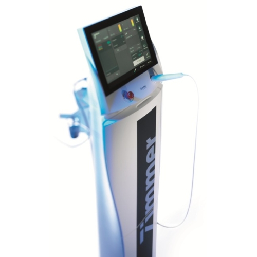 OptonPro – laser terapeutyczny na stojaku, widok pod kątem z ekranem dotykowym.