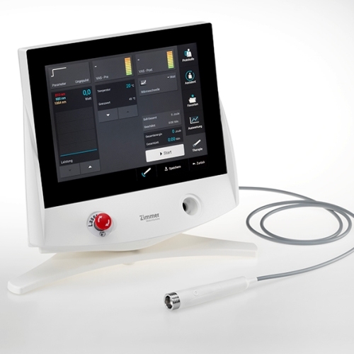 Głowica lasera wysokoenergetycznego OptonPro z wymiennymi nakładkami ochronnymi.