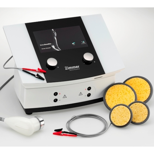 Soleo SonoStim – urządzenie do terapii skojarzonej z akcesoriami i gąbkami elektrodowymi.