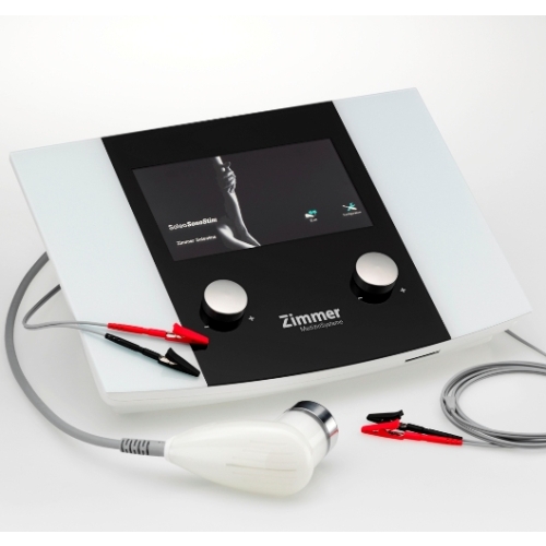 Soleo SonoStim – aparat do elektroterapii z głowicą ultradźwiękową i przewodami.
