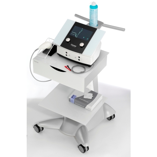 Soleo SonoStim – urządzenie terapeutyczne na wózku z akcesoriami i żelem.