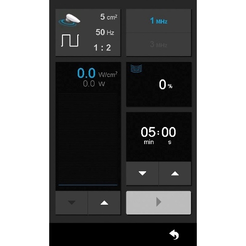 Ekran główny SonoOne – parametry terapii ultradźwiękowej i czas zabiegu.