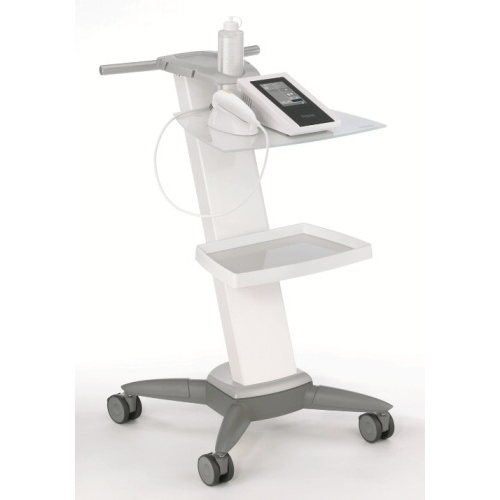 SonoOne – aparat do terapii ultradźwiękowej na mobilnym stojaku z akcesoriami.