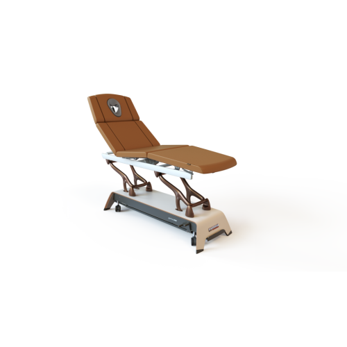 Stół do masażu i rehabilitacji Gymna.ONE Q8 w brązowej tapicerce, z segmentową powierzchnią i regulowanym oparciem.